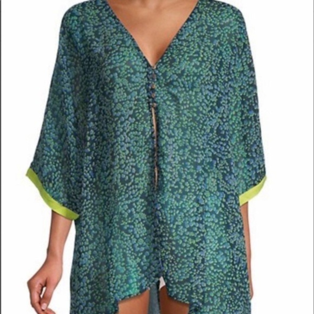 Nwot Intimately Free People Swim Kimono Cover Up Blue Lime Green Buttons Medium